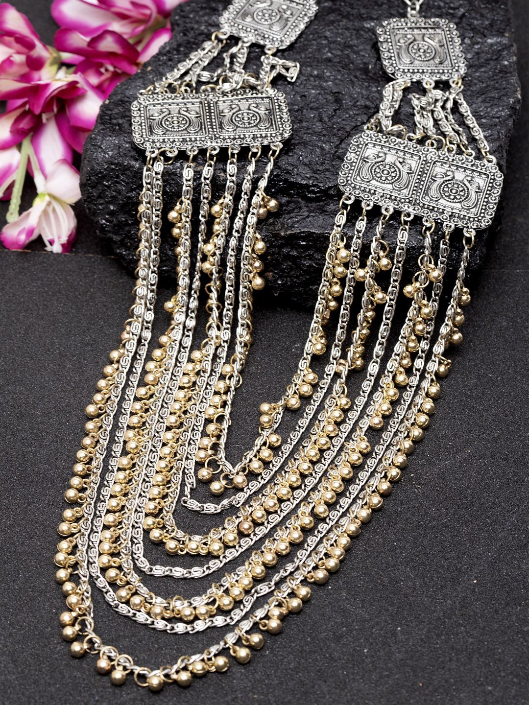 Moedbuille Gold-Toned & Silver-Toned Brass-Plated Handcrafted Antique Layered Necklace Price in India