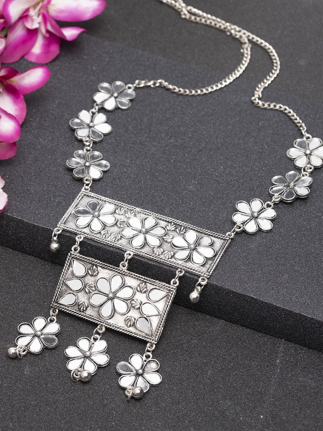 Moedbuille Silver-Toned Oxidised Handcrafted Necklace Price in India