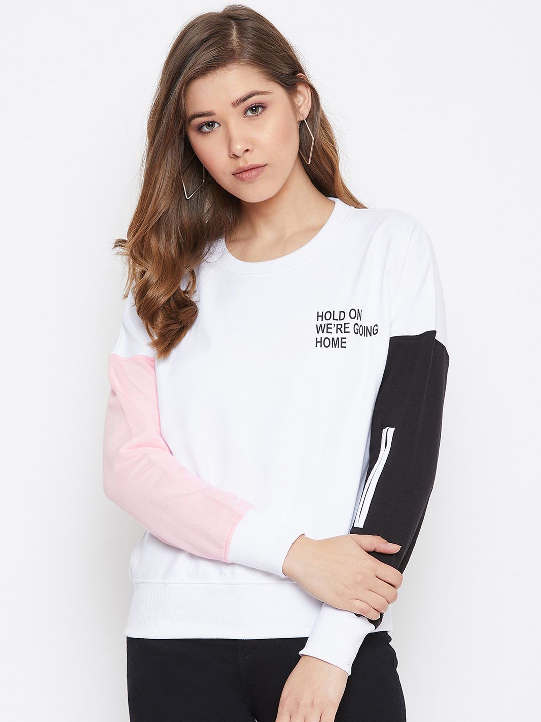 The Dry State Women White & Black Colourblocked Sweatshirt Price in India