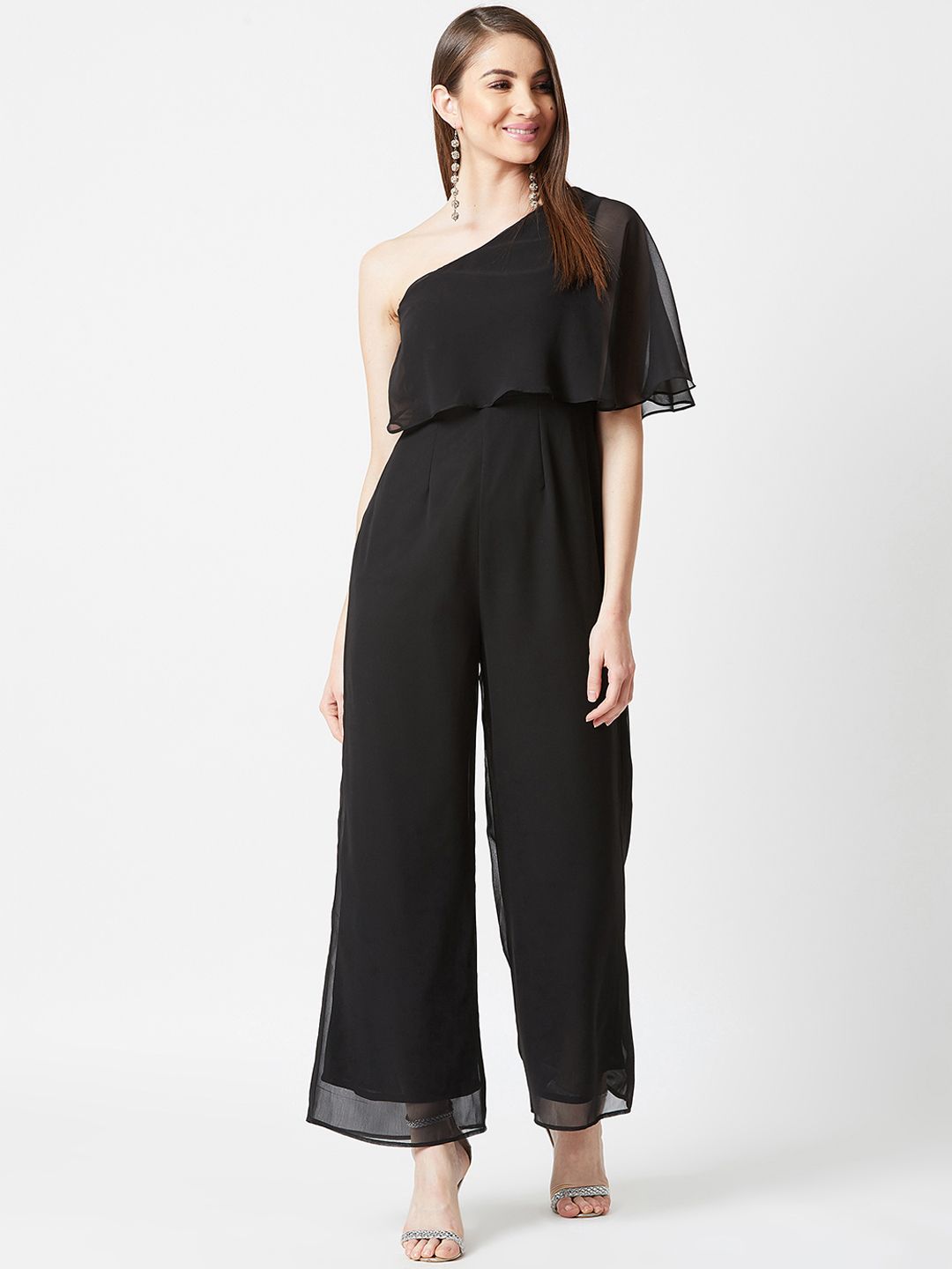 Miss Chase Women Black Solid One-Shoulder Culotte Jumpsuit Price in India