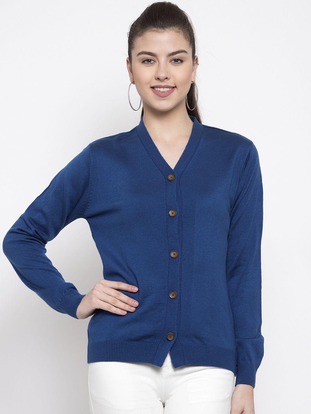 Kalt Women Blue Solid Front-Open Sweater Price in India