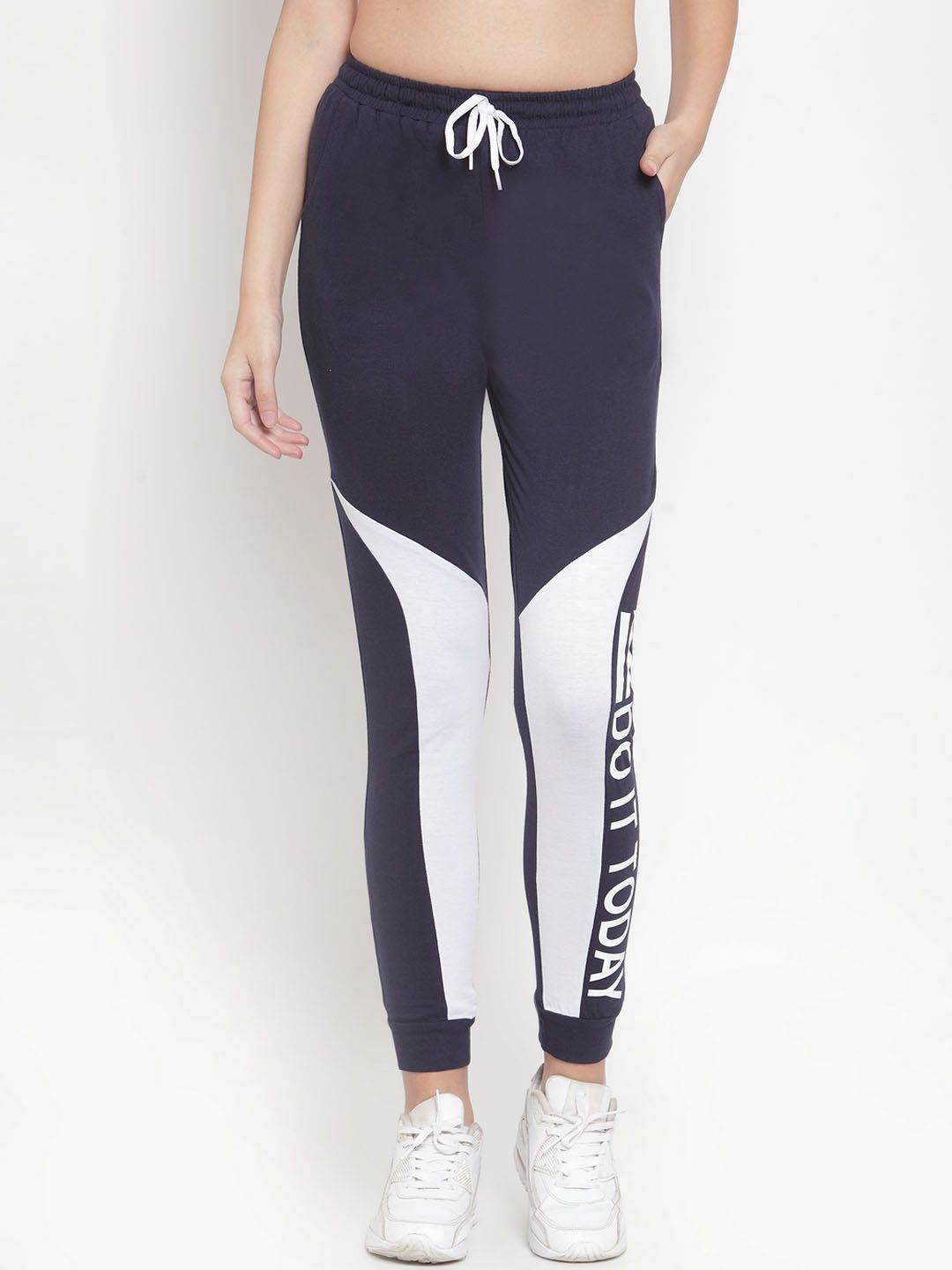 Boston Club Women Navy Blue & White Colourblocked Slim-Fit Joggers Price in India