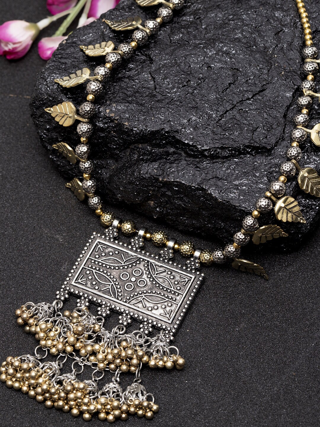 Moedbuille Gold-Toned & Silver-Toned Brass Plated Oxidised Necklace Price in India