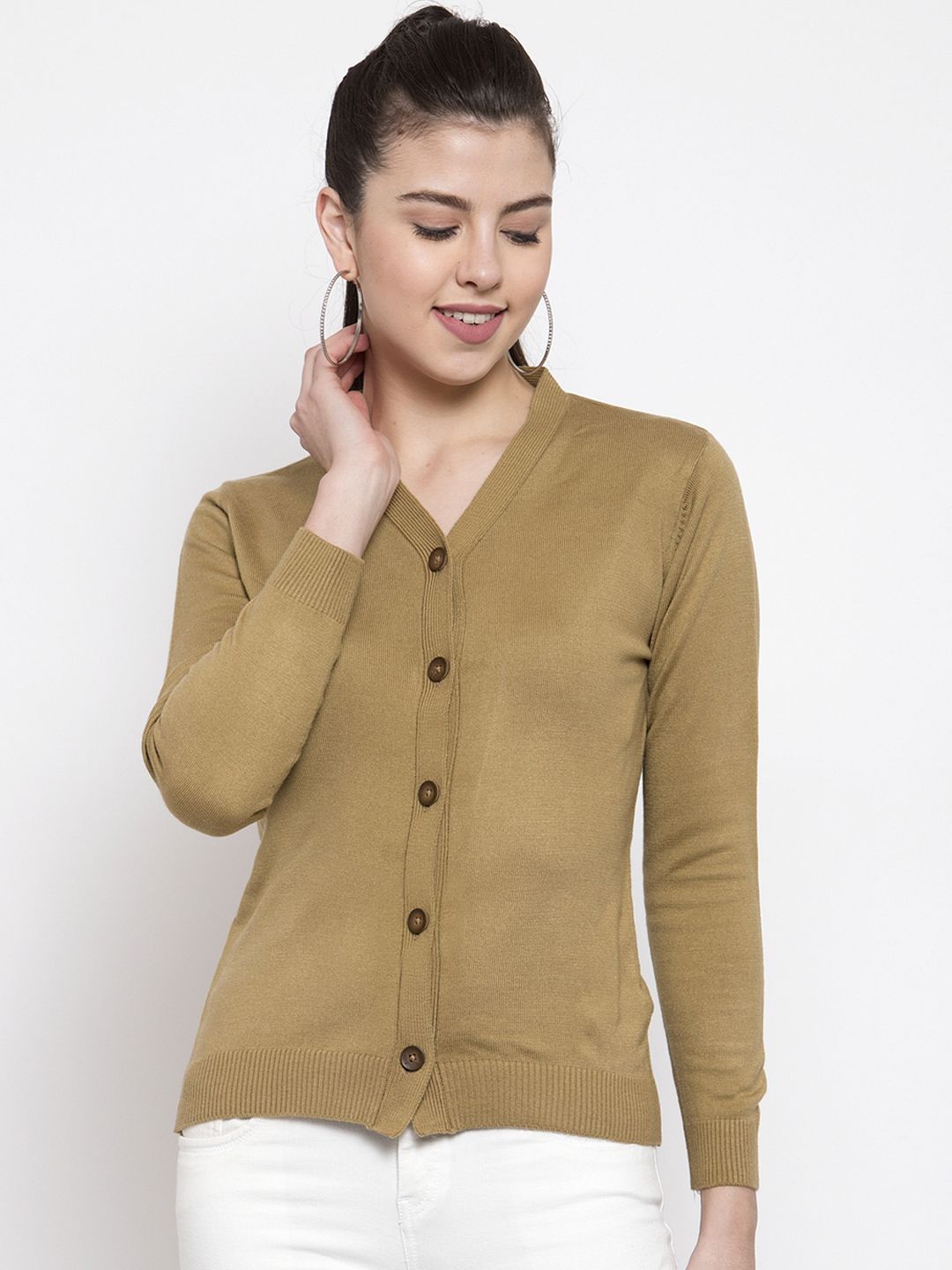 Kalt Women Camel Brown Solid Front-Open Sweater Price in India