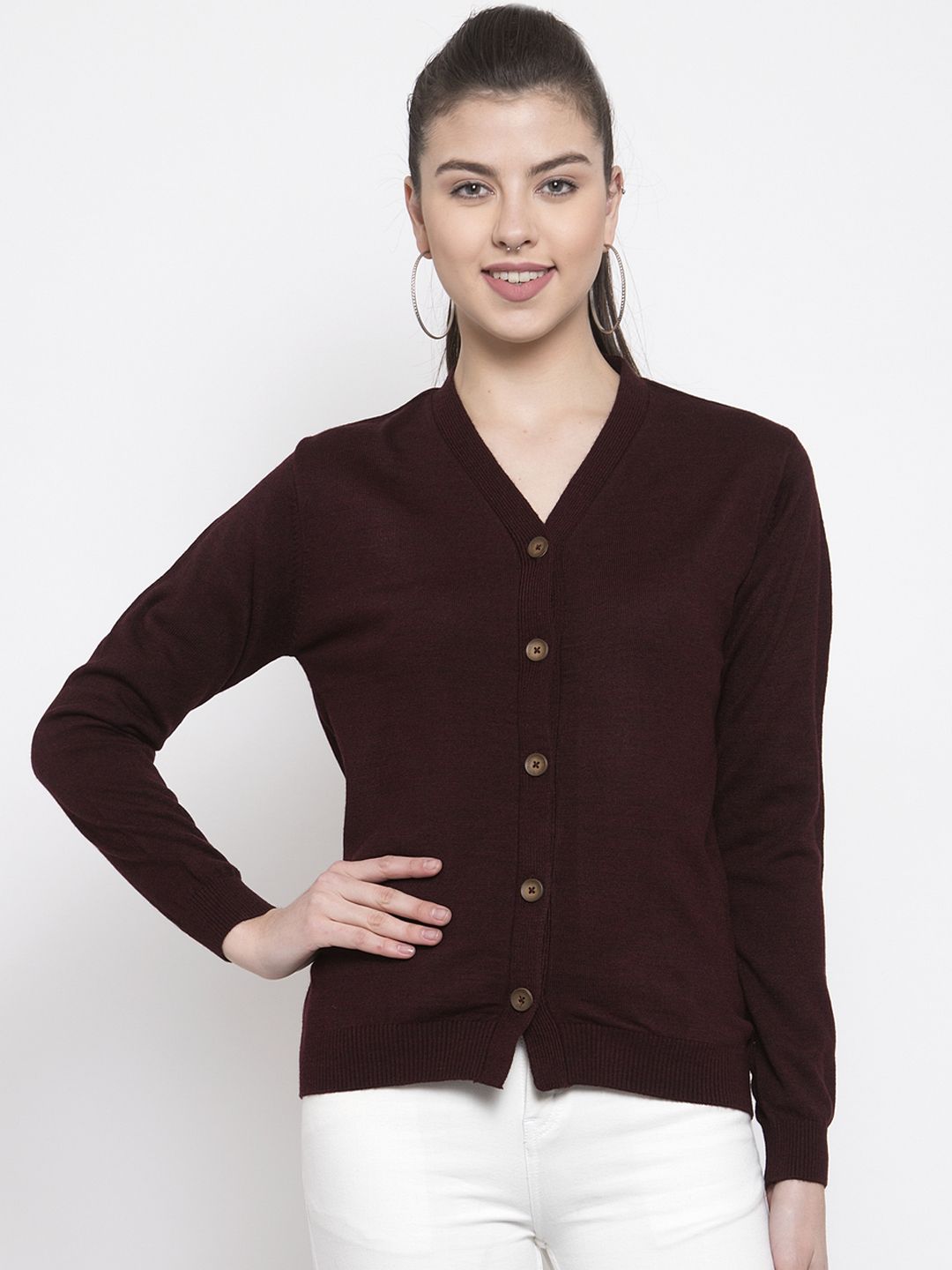 Kalt Women Burgundy Solid Front-Open Acrylic Sweater Price in India