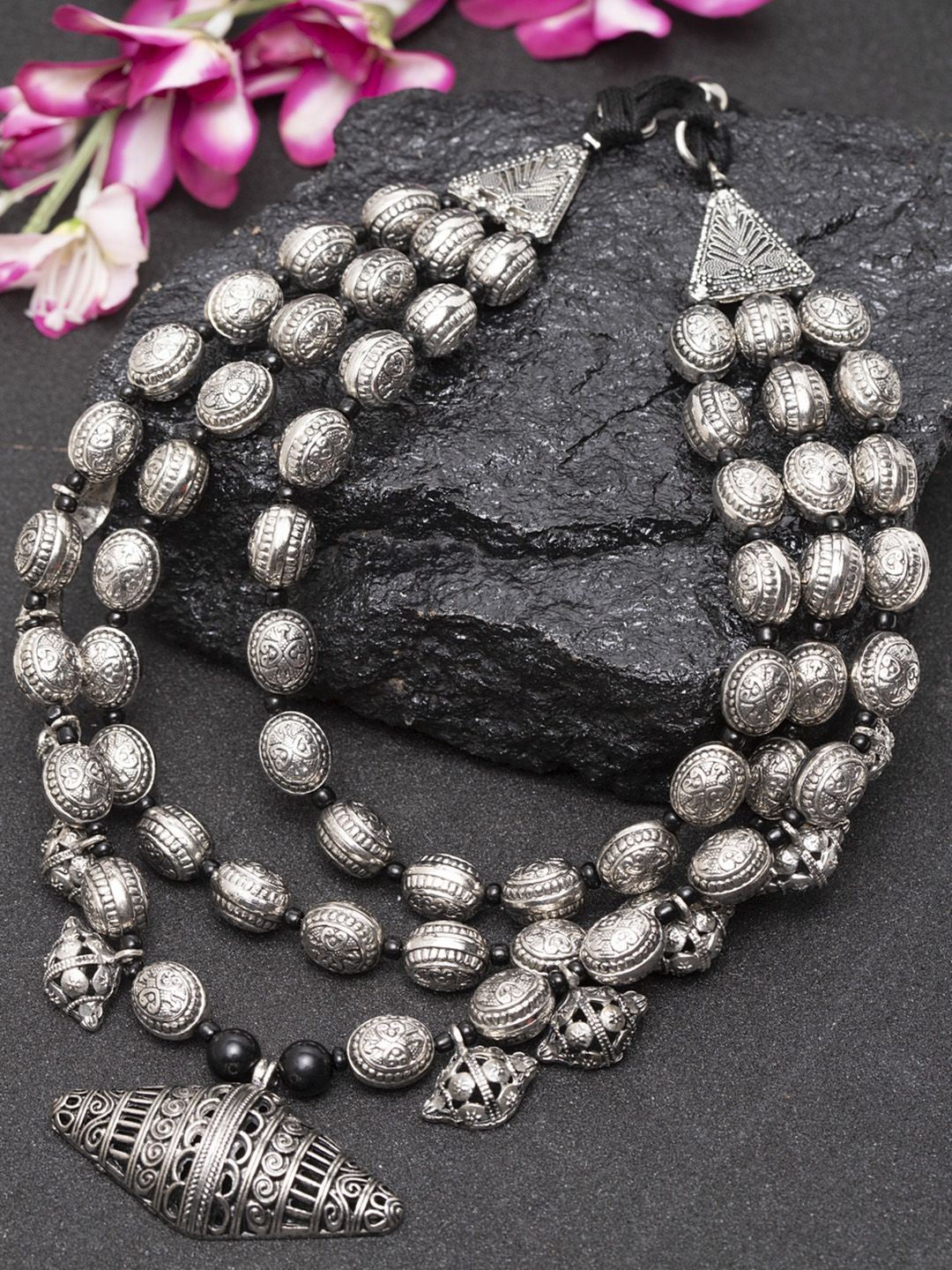 Moedbuille Silver-Toned & Black Brass-Plated Handcrafted Antique Oxidised Layered Necklace Price in India
