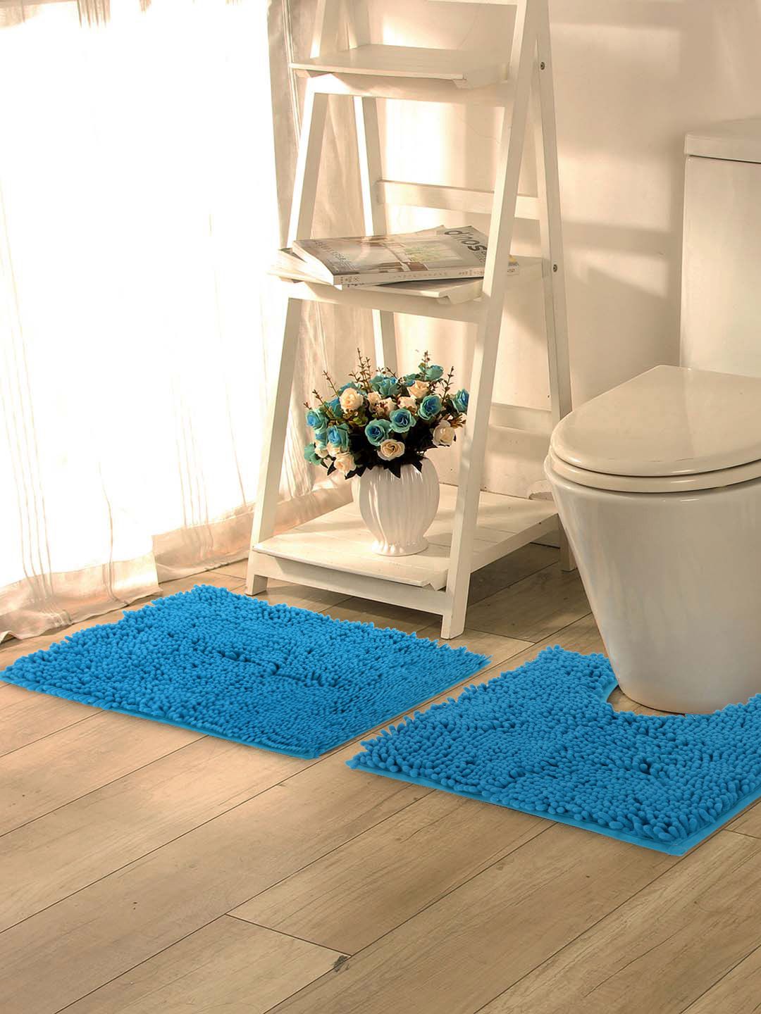 Lushomes Set Of 2 Teal Blue Solid 2200 GSM Anti-Slippery Bath Rug & Contour Price in India