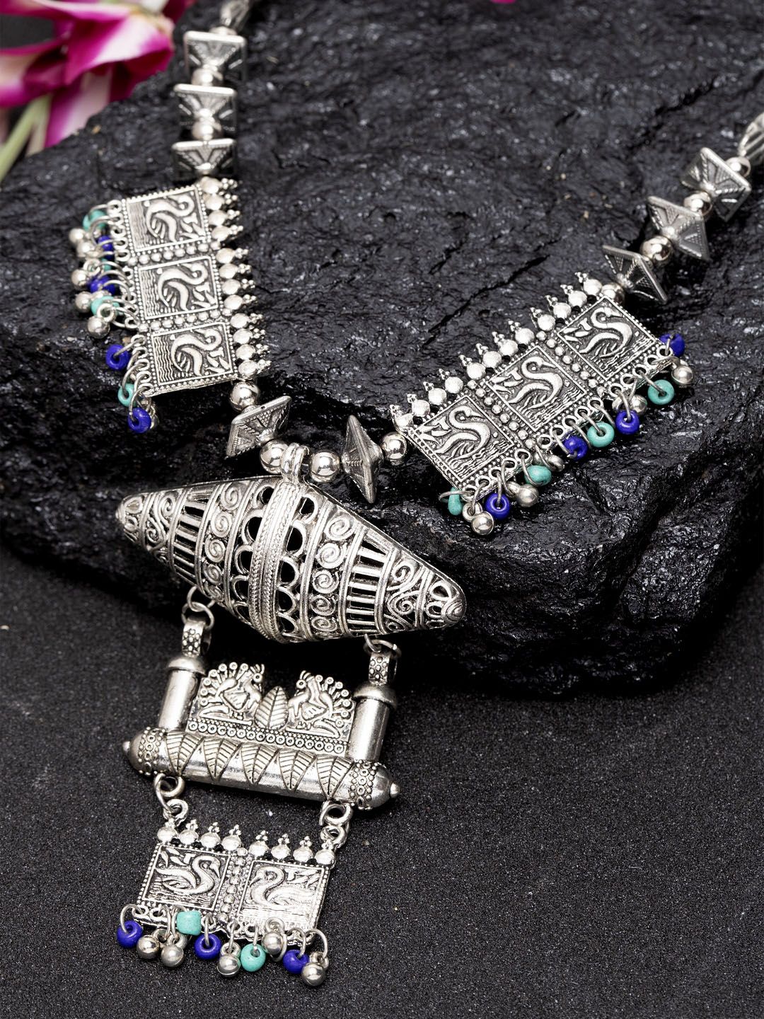Moedbuille Women Blue & Silver-Toned German Silver Handcrafted Oxidised Afghan Necklace Price in India