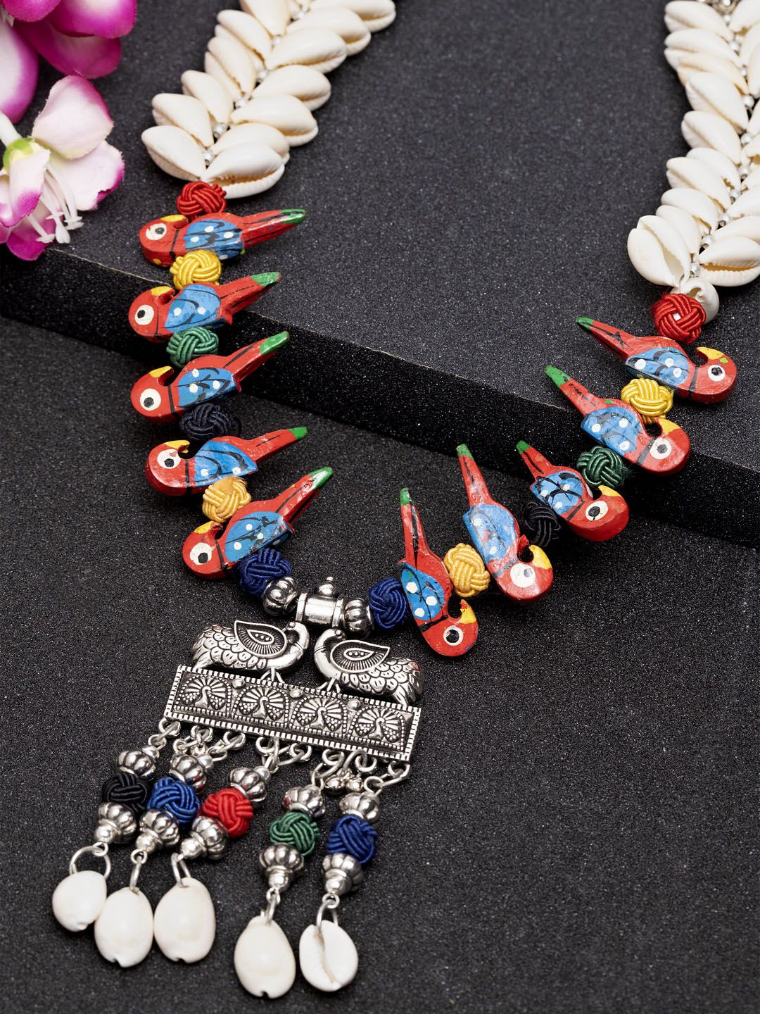 Moedbuille Multi-Coloured & Silver-Toned Brass-Plated Handcrafted Handpainted Necklace Price in India