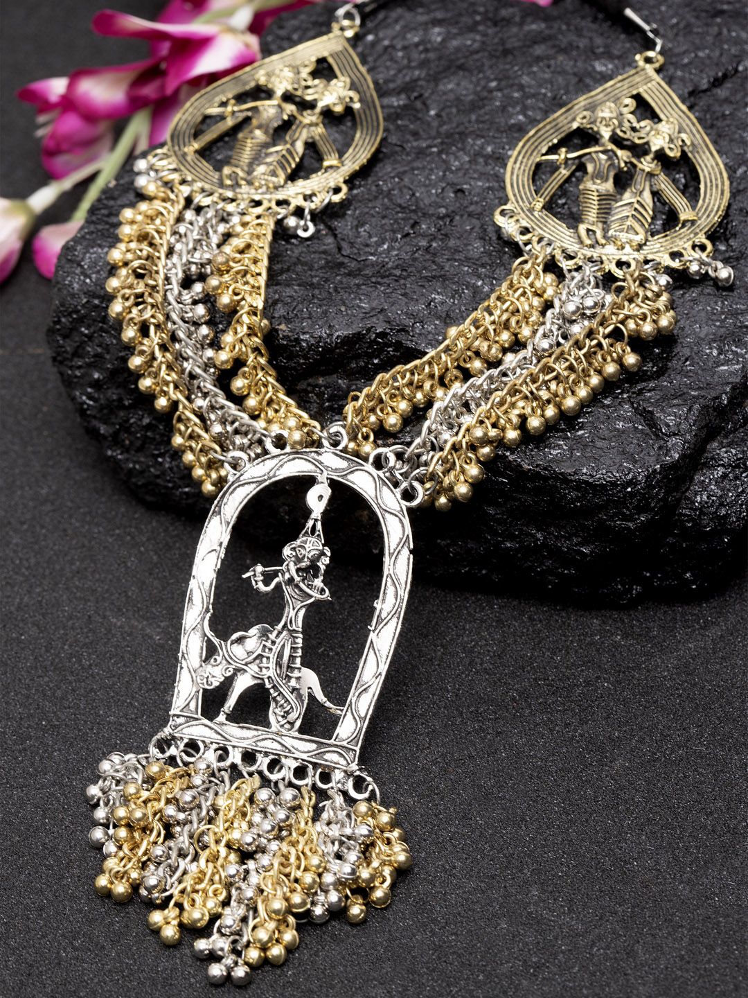 Moedbuille Gold-Toned & Silver-Toned Brass-Plated Handcrafted Antique Layered Necklace Price in India