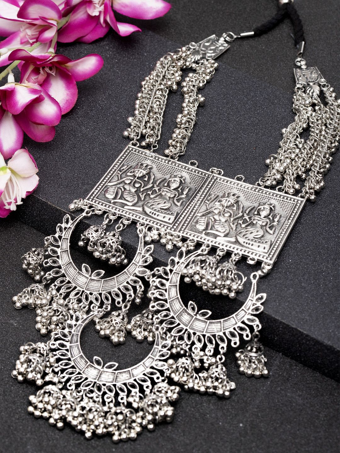 Moedbuille Silver-Toned Oxidised Handcrafted Necklace Price in India
