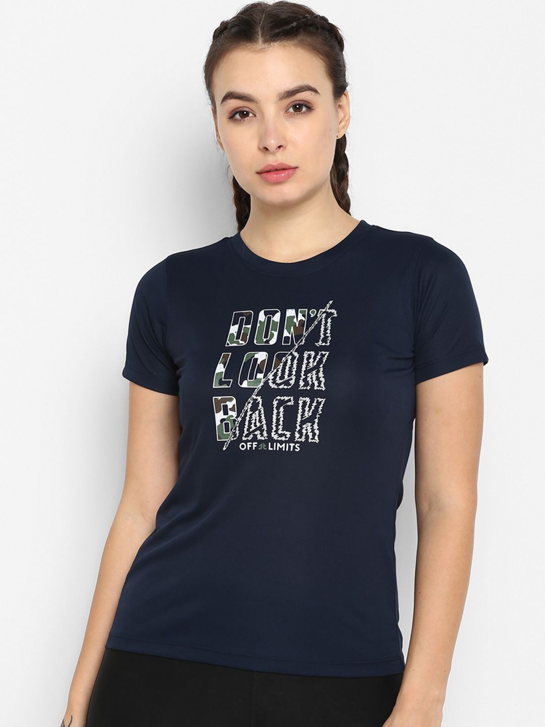 OFF LIMITS Women Navy Blue Printed Round Neck Slim Fit T-shirt Price in India