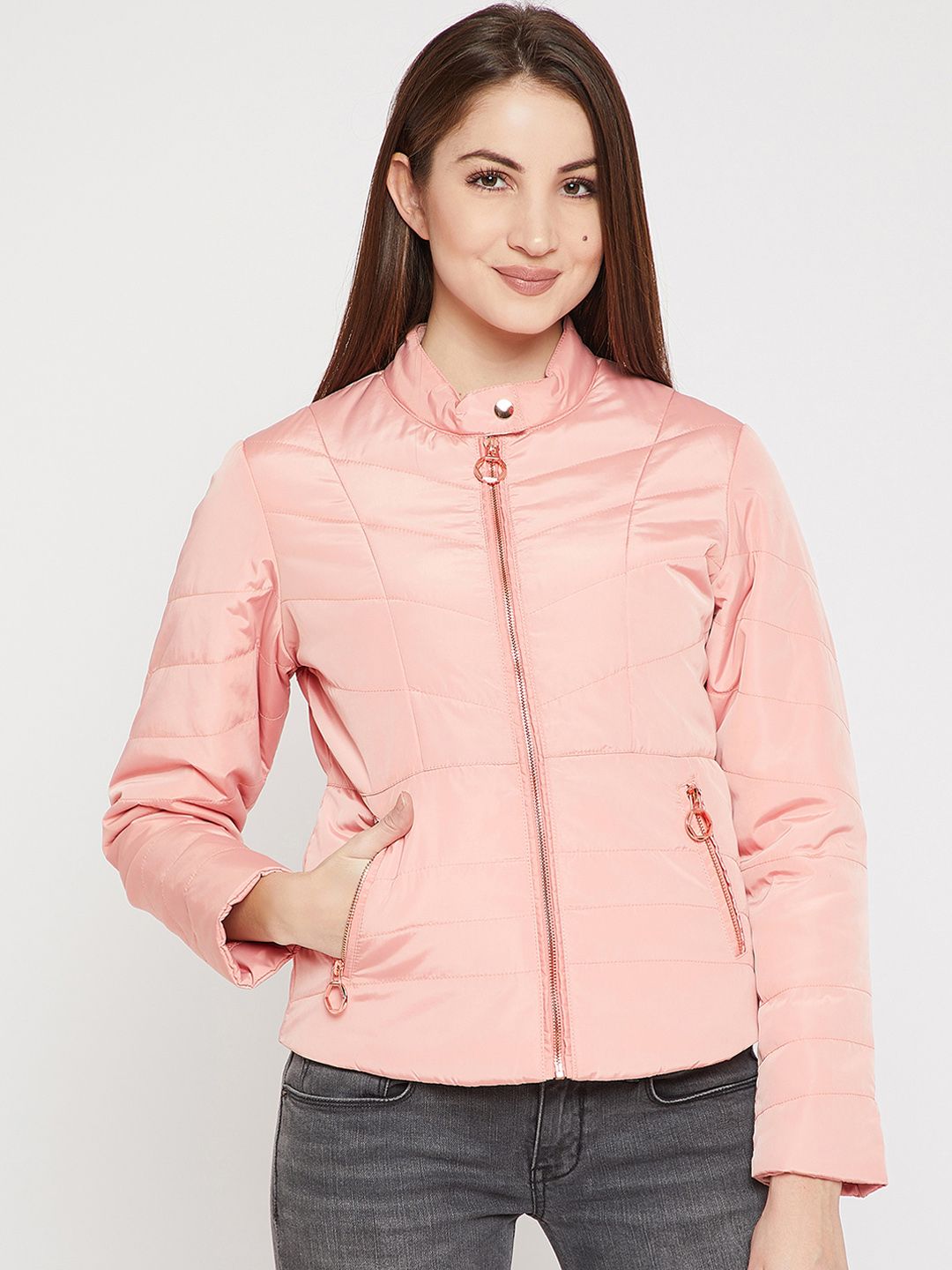 Marie Claire Women Peach-Coloured Solid Padded Jacket Price in India