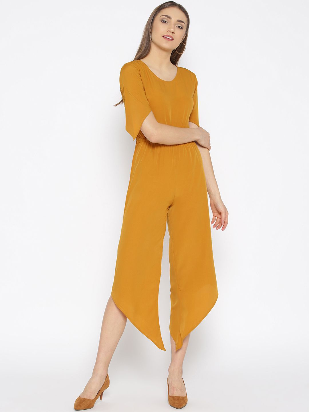 Cottinfab Women Mustard Yellow Solid Culotte Jumpsuit Price in India