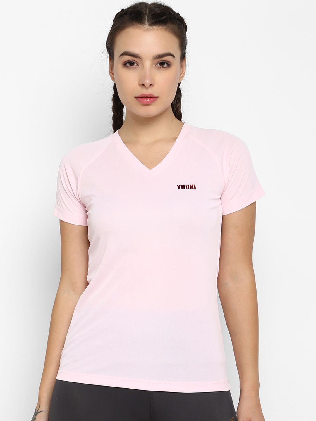 Yuuki Women Pink Solid V-Neck T-shirt Price in India