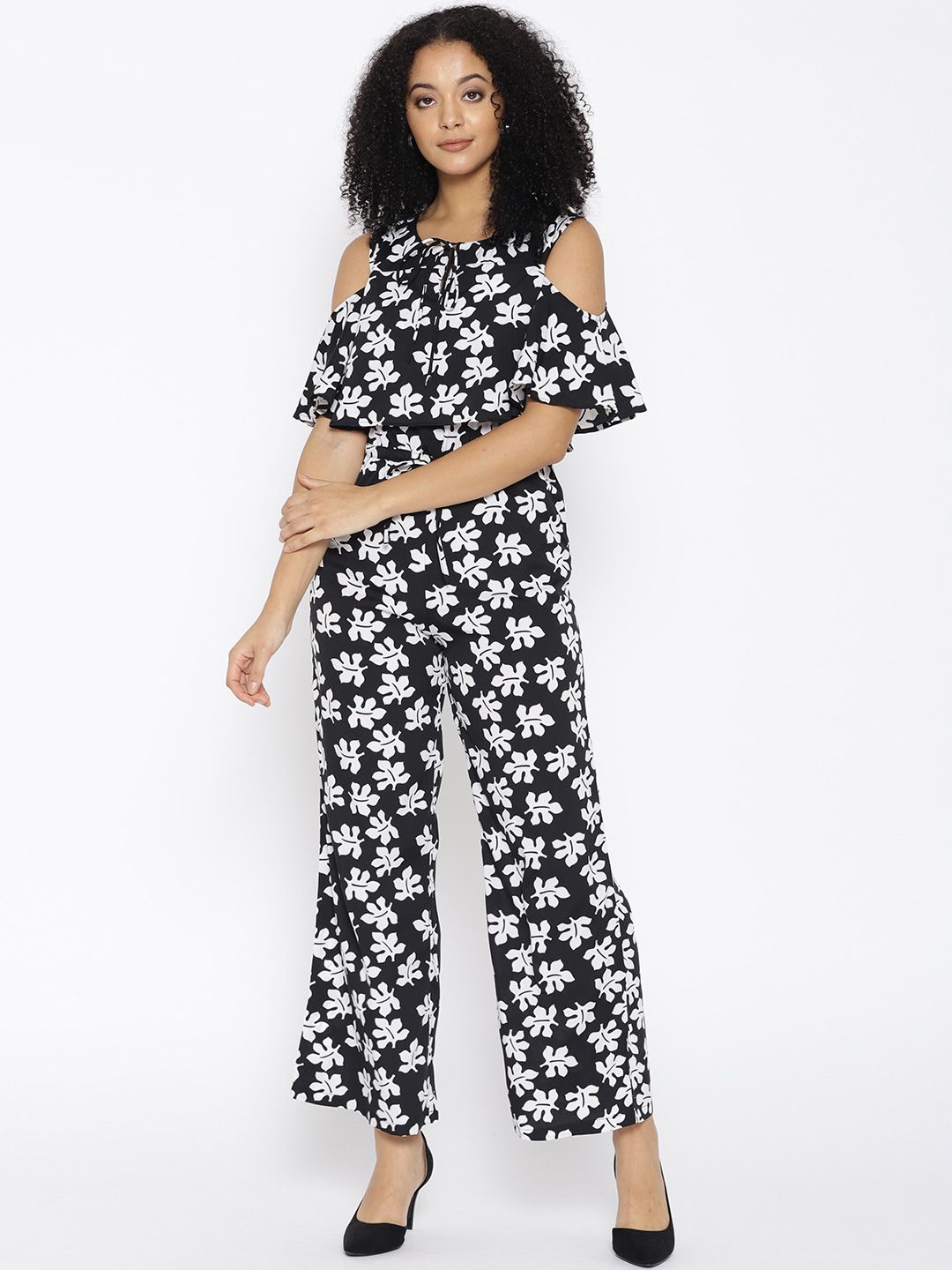 Cottinfab Women Black & White Printed Basic Jumpsuit Price in India