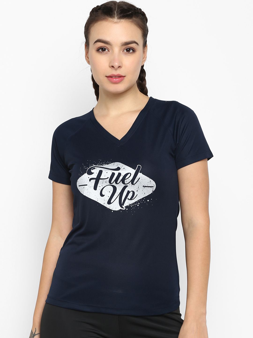 OFF LIMITS Women Navy Blue Printed V-Neck Slim Fit T-shirt Price in India