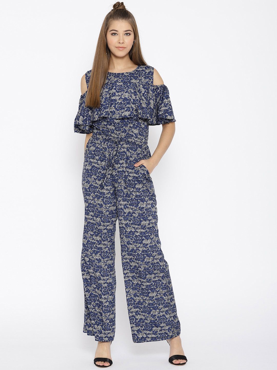 Cottinfab Women Blue & Grey Printed Basic Jumpsuit Price in India