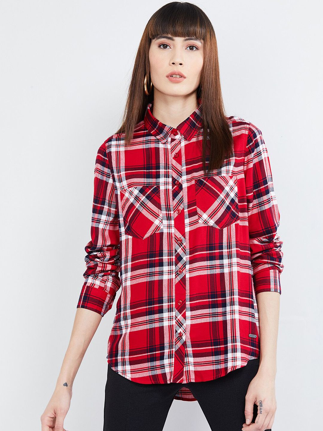 max Women Red & White Regular Fit Checked Casual Shirt