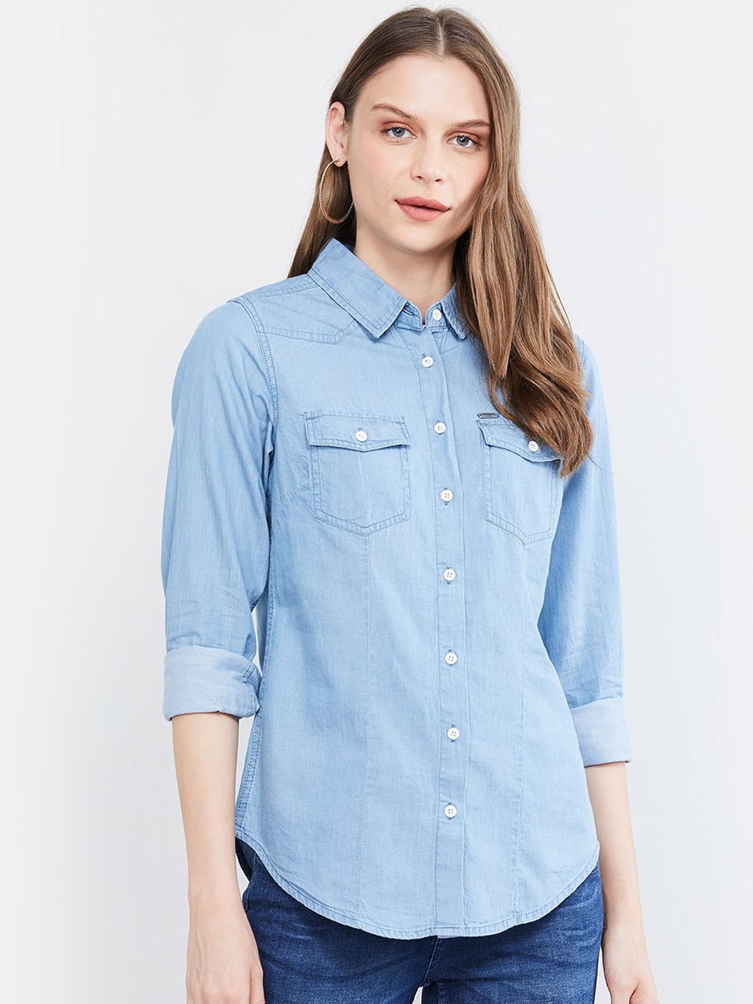 max Women Blue Regular Fit Solid Casual Denim Shirt