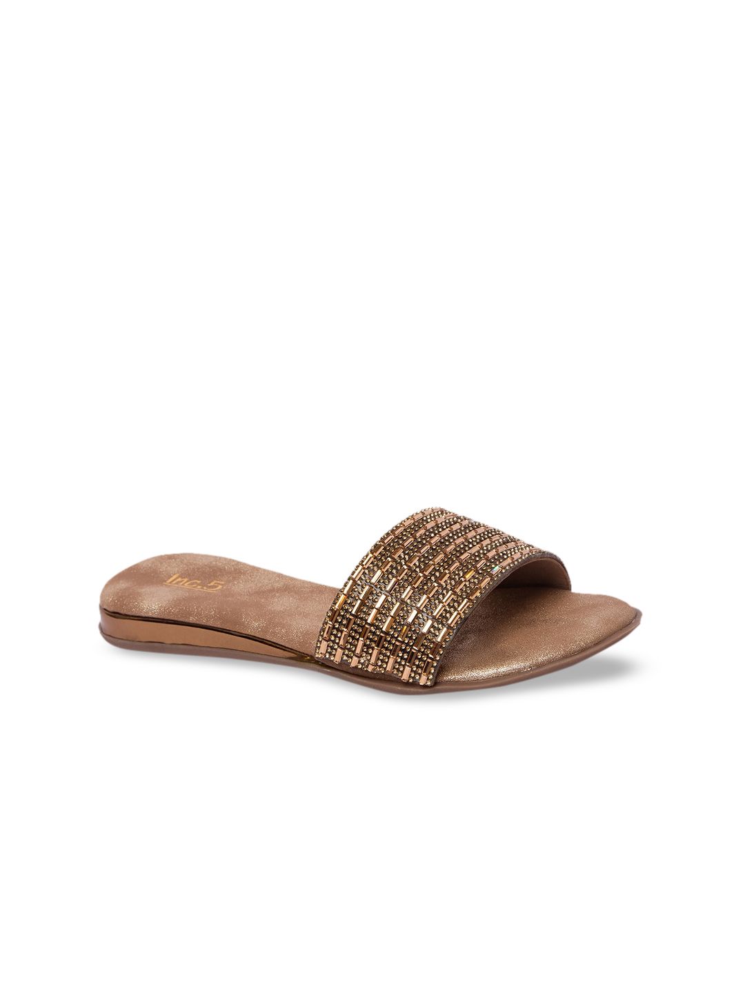 Inc 5 Women Brown & Gold Embellished Sliders Price in India