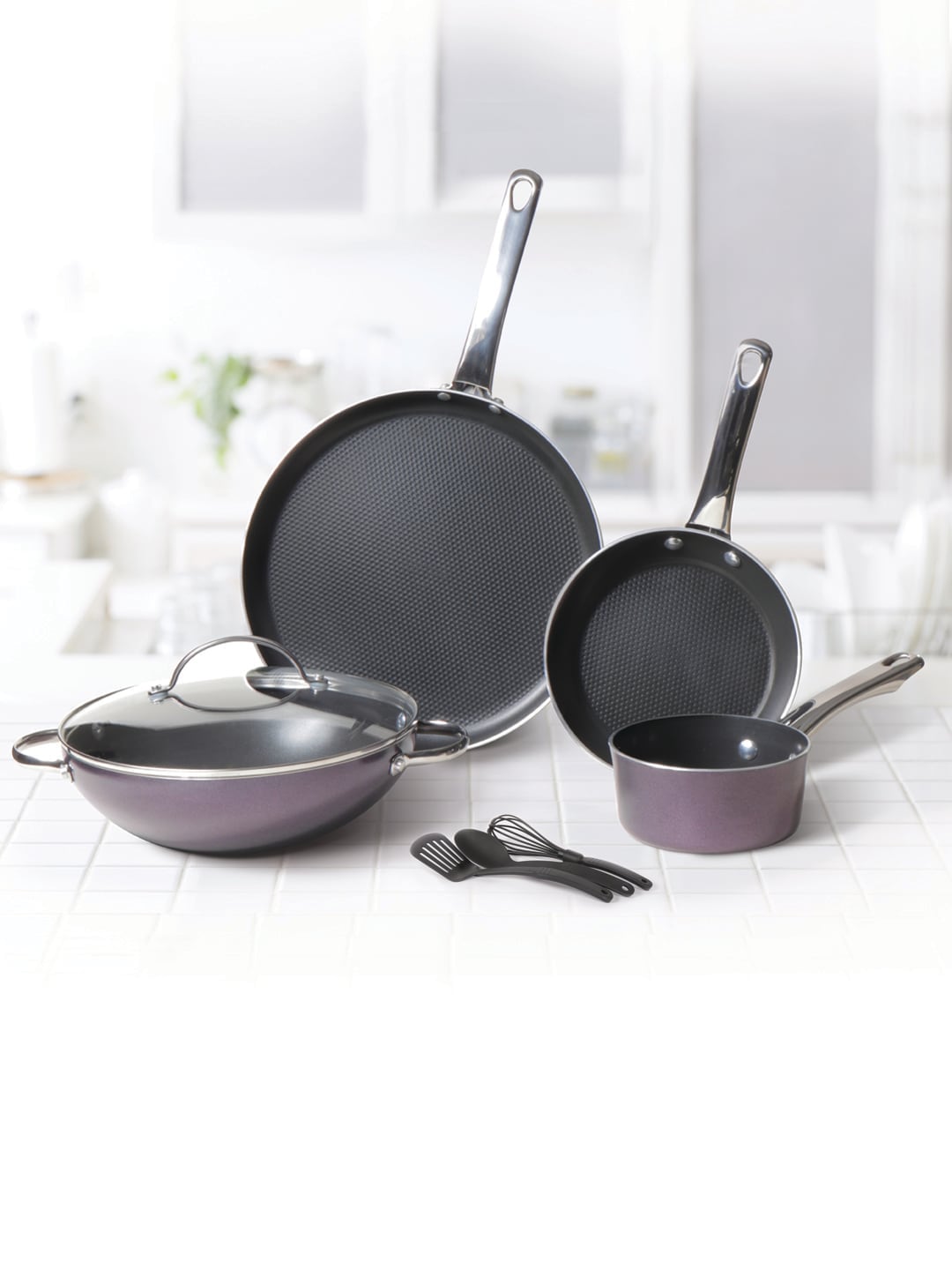 MEYER Violet & Black Non-Stick 8-Pc Cookware Set(Saucepan+Kadai+Frypan+Tawa+Accessories) Price in India