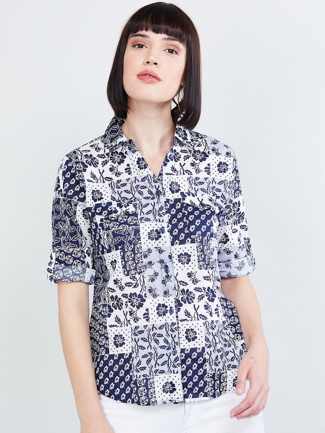 max Women Off-White & Navy Blue Printed Casual Shirt