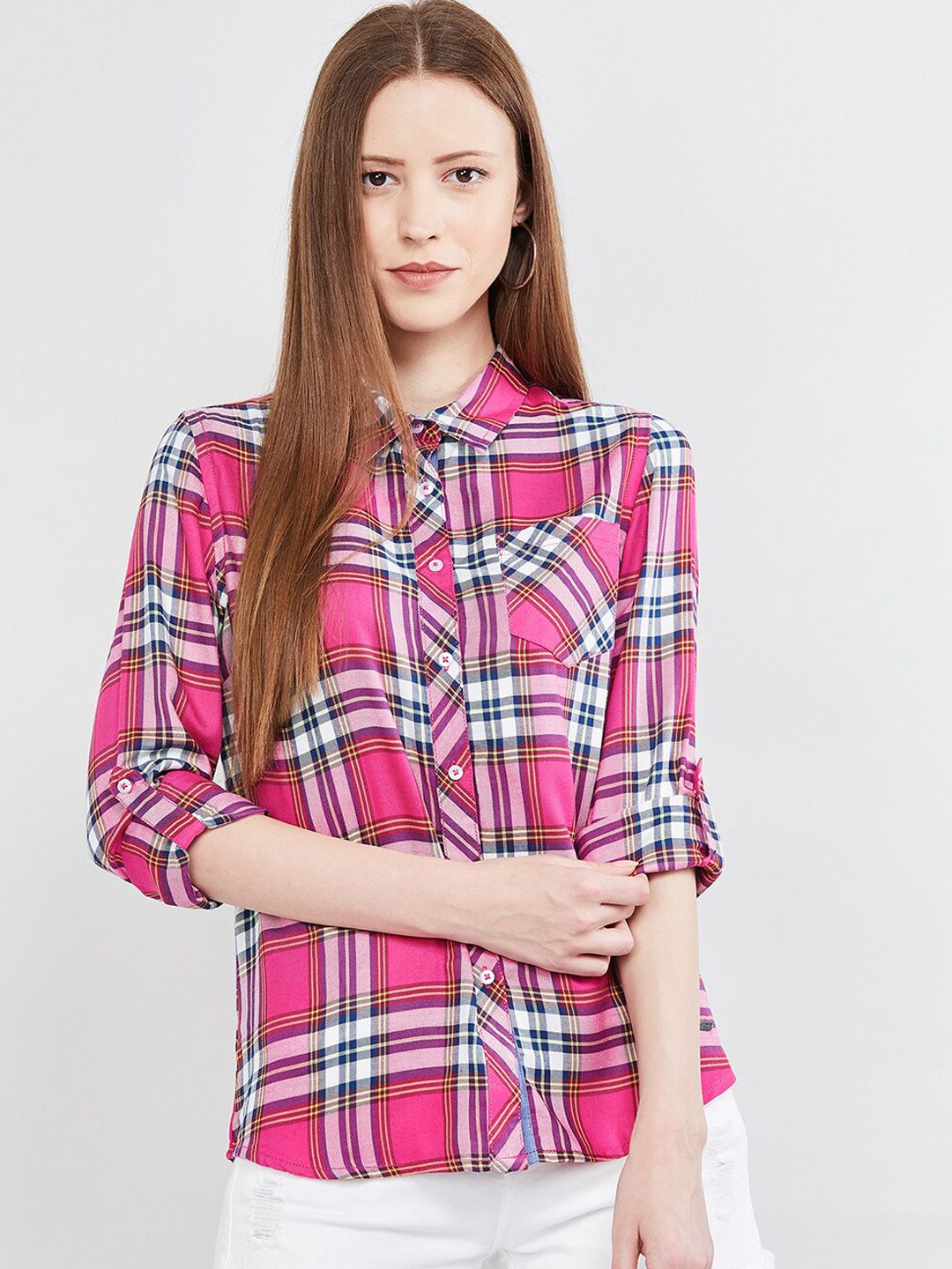 max Women Pink Regular Fit Checked Casual Shirt