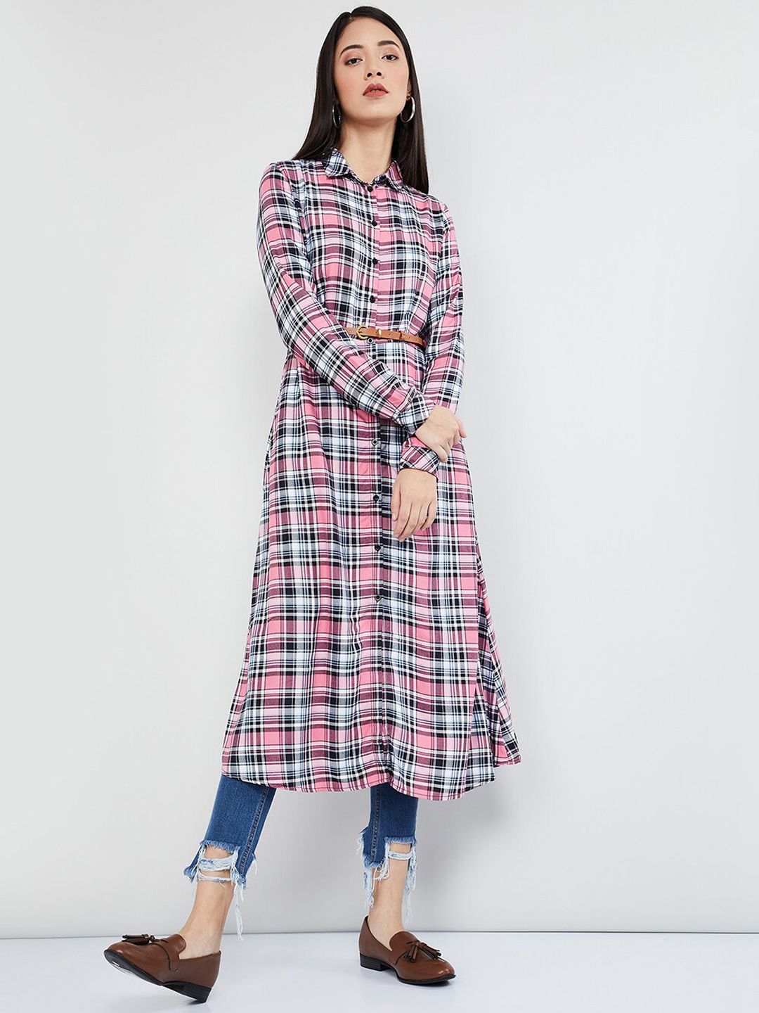 max Women Pink & Blue Checked Shirt Dress