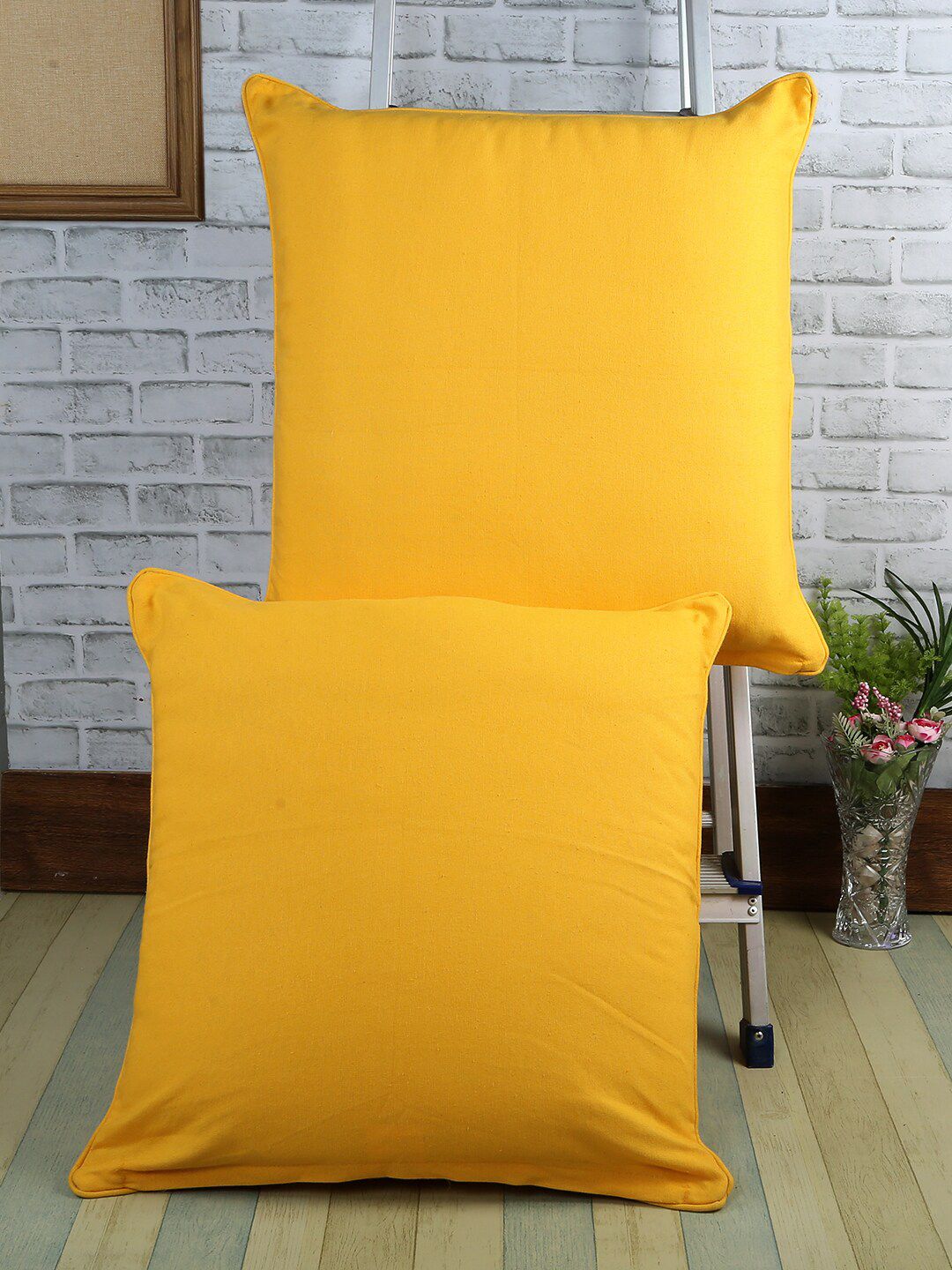 Soumya Yellow Set of 2 Solid Rectangle Cushion Covers Price in India