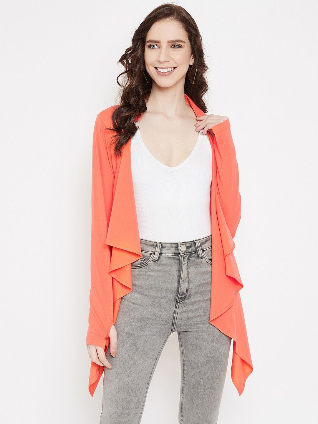 Hypernation Women Orange Solid Waterfall Shrug Price in India