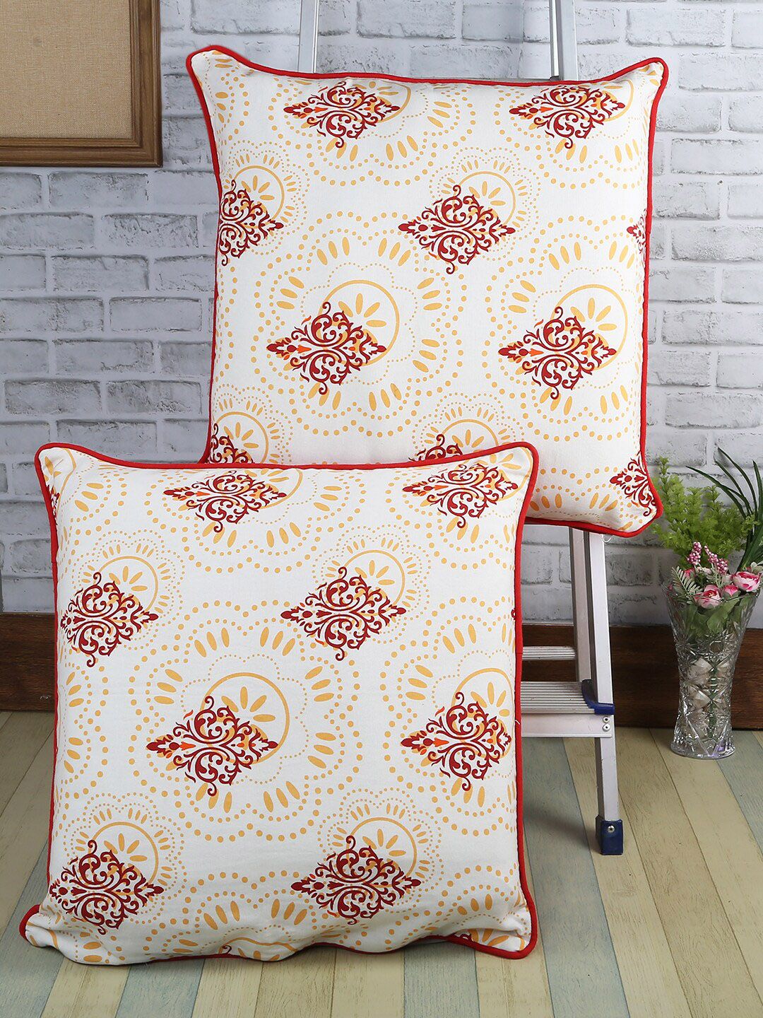 Soumya Beige & Red Set of 2 Ethnic Motifs Square Cushion Covers Price in India