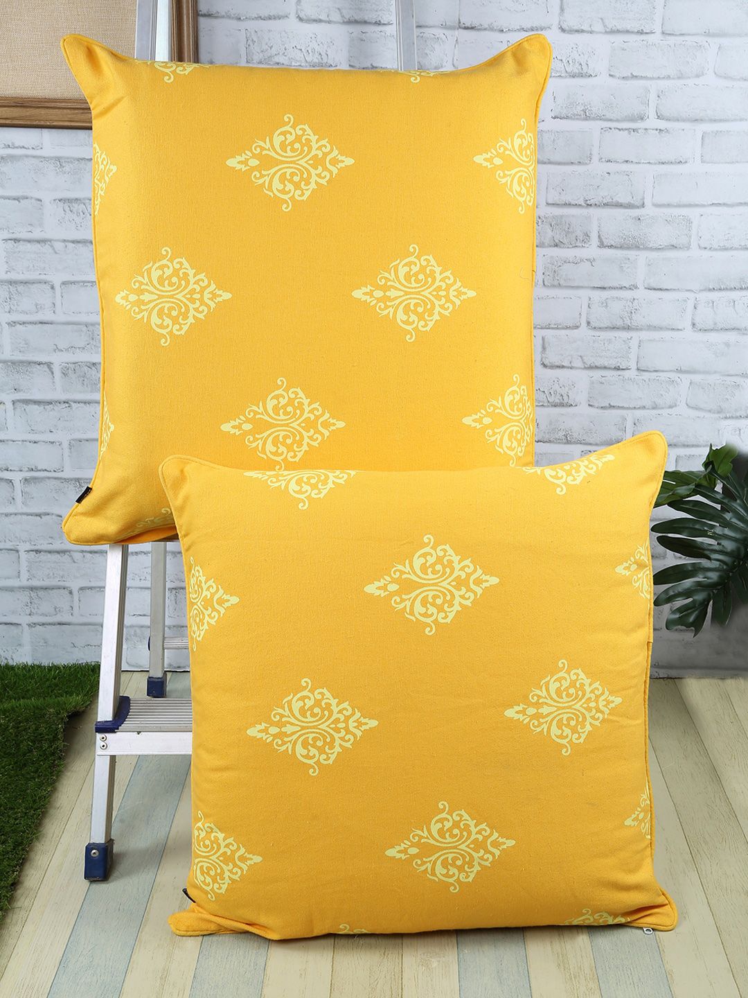 Soumya Yellow Set of 2 Ethnic Motifs Square Cushion Covers Price in India