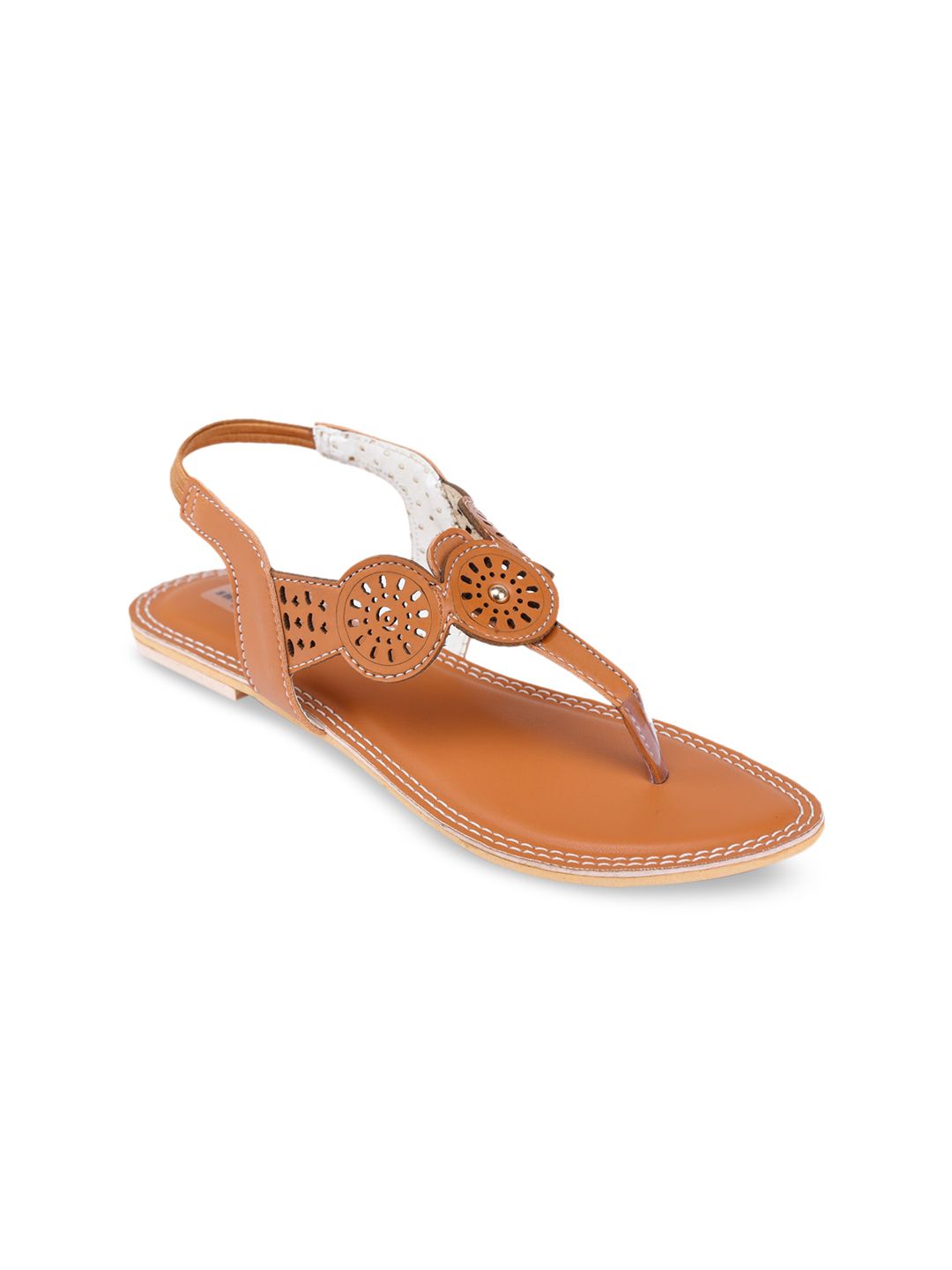 Shezone Women Tan Brown Solid T-Strap Flats