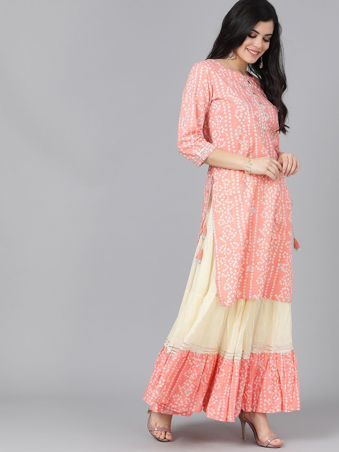 AKS Couture Women Peach-Coloured & Cream-Coloured Printed Kurta with Skirt & Dupatta