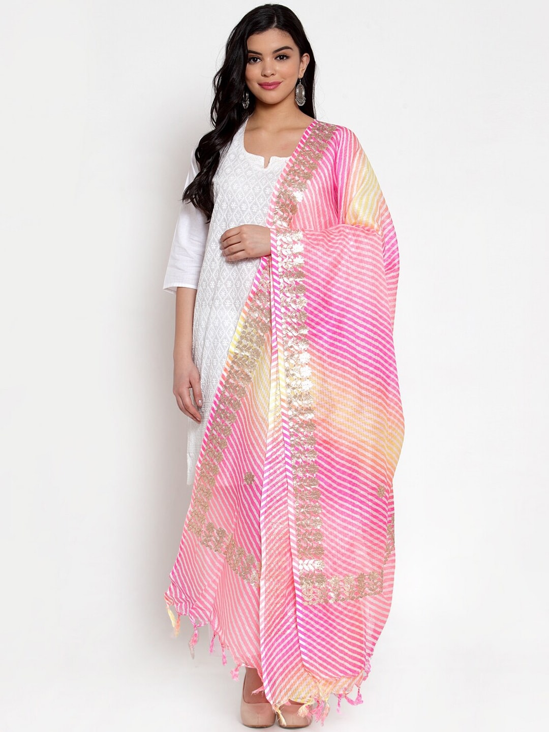 SOUNDARYA Yellow & Pink Striped Gota Patti Cotton Dupatta Price in India