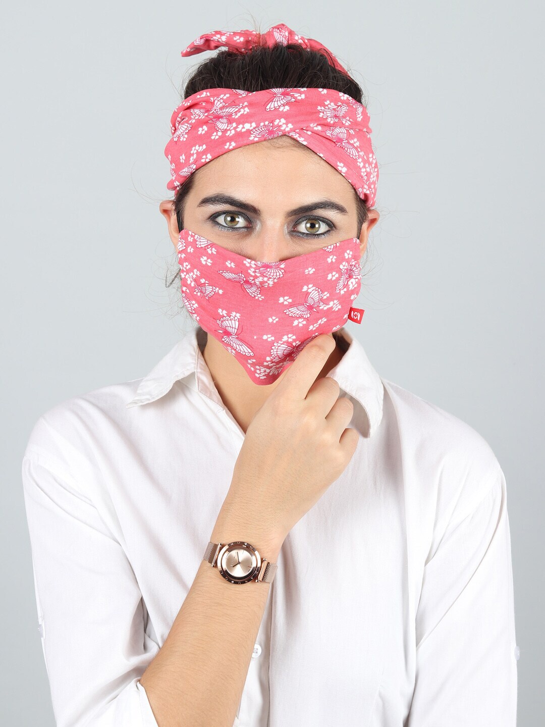 Swiss Design Women Pink Reusable 2-Ply Cloth Mask With Headband & Hair Band Price in India