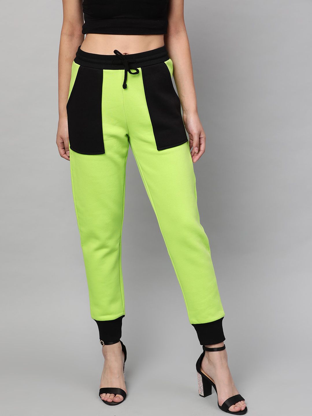 STREET 9 Women Fluorescent Green & Black Colourblocked Slim Fit Solid Joggers Price in India