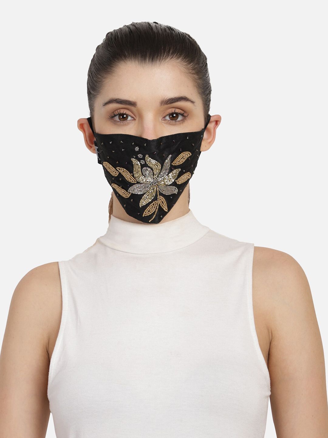 Anekaant Women Black & Gold 3-Ply Embellished Fabric Fashion Mask Price in India