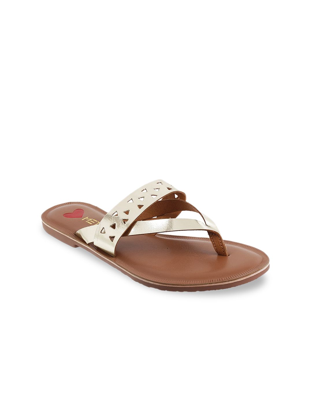 Metro Women Gold-Toned Solid T-Strap Flats Price in India