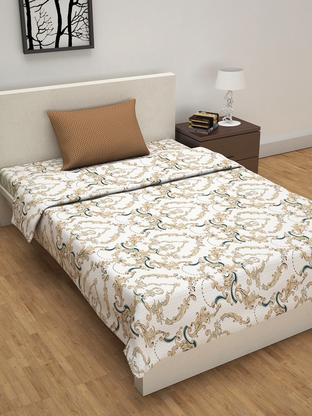 Divine Casa White & Beige Ethnic Motifs Printed Single Bed Bedsheet With Pillow Cover & Dohar Price in India