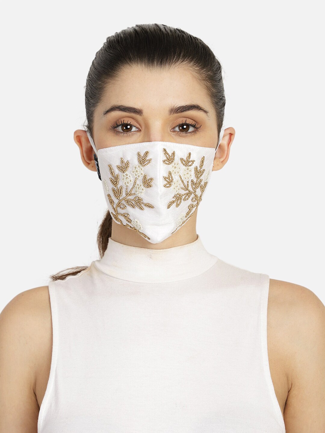 Anekaant Women White & Gold-Toned Art Silk Embellished 3-Ply Reusable Cloth Mask Price in India