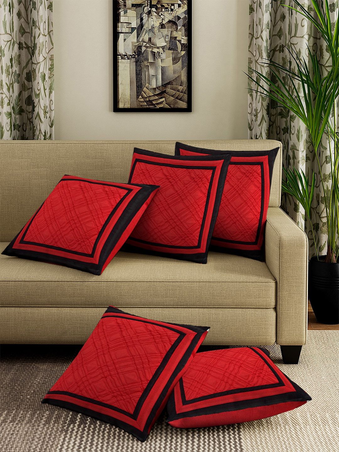 DREAM WEAVERZ Red & Black Set of 5 Self Design Square Cushion Covers Price in India