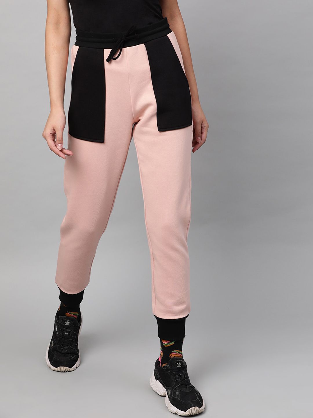 STREET 9 Women Pink & Black Colourblocked Slim Fit Solid Joggers Price in India