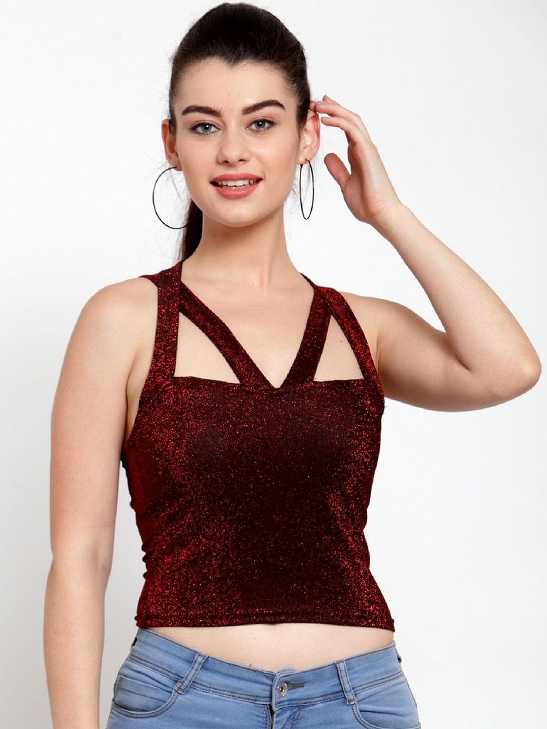 Everlush Women Maroon Self Design Crop Top