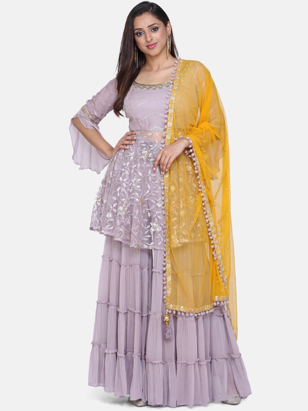 BOMBAY SELECTIONS Women Lavender Embroidered Kurta with Sharara & Dupatta