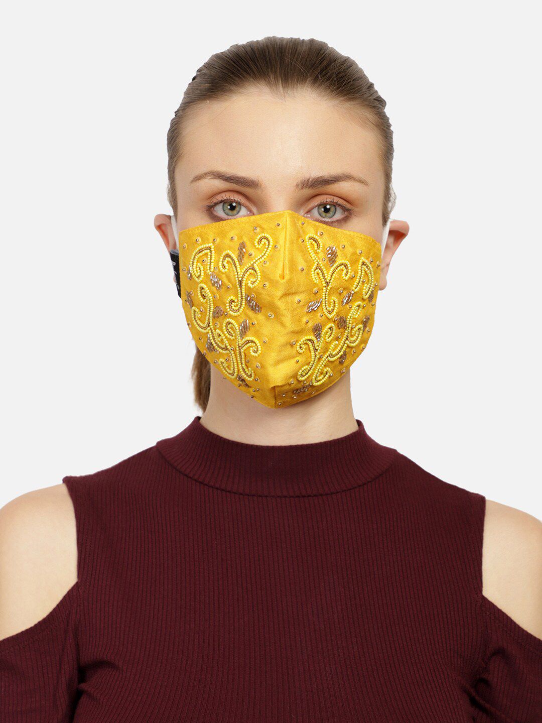 Anekaant Women Yellow & Gold 3-Ply Embellished Fabric Fashion Mask Price in India