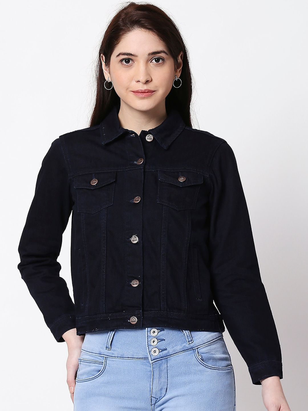 High Star Women Navy Blue Solid Denim Crop Jacket Price in India