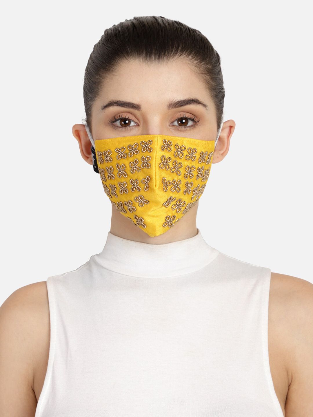 Anekaant Women Yellow Printed Reusable 3-Ply Cloth Mask Price in India