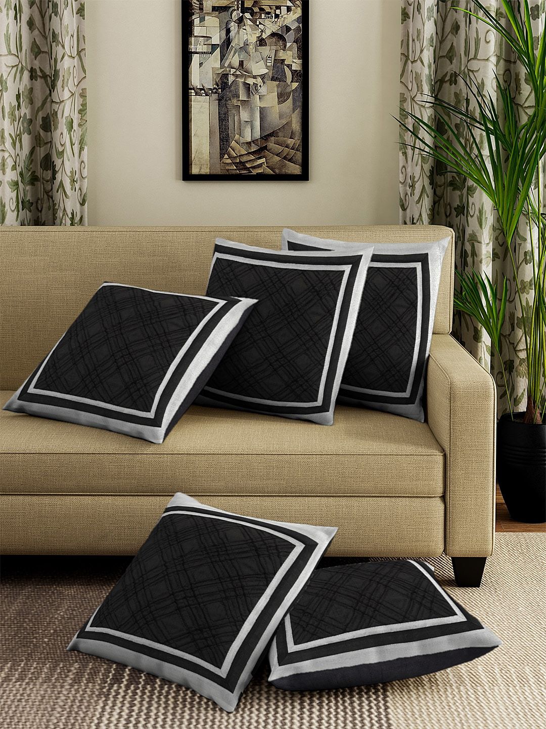 DREAM WEAVERZ Black & Grey Set of 5 Self Design Square Cushion Covers Price in India